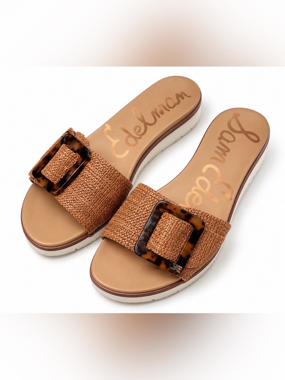 Sam Edelman Raffia Tortoise Buckle Slide Sandals Tan Size 8